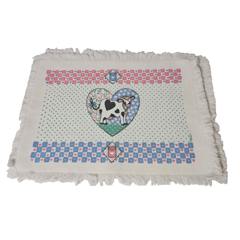 Vintage 80s B&D Country Cow Heart Fringed 4 Placemats Cottage Core